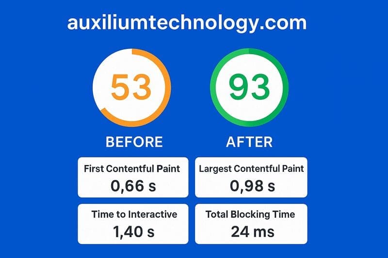 How We Improved AuxiliumTechnology.com Website Speed from 53 to 93